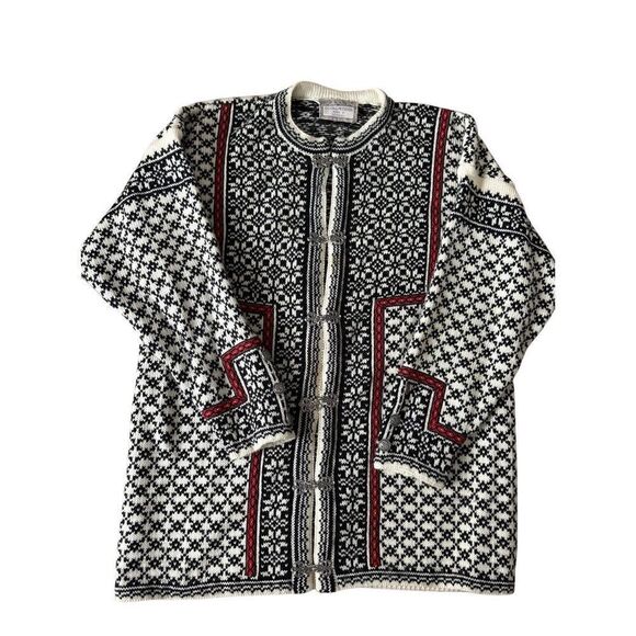 Norlender Wool Cardigan Size L Pewter Button Front Cream Black Red - Picture 1 of 11